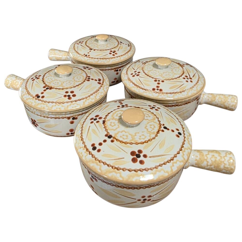 Temp-tations Old World Soup Crock Bowls w Lids & Handles Set of 4 15 oz Tara